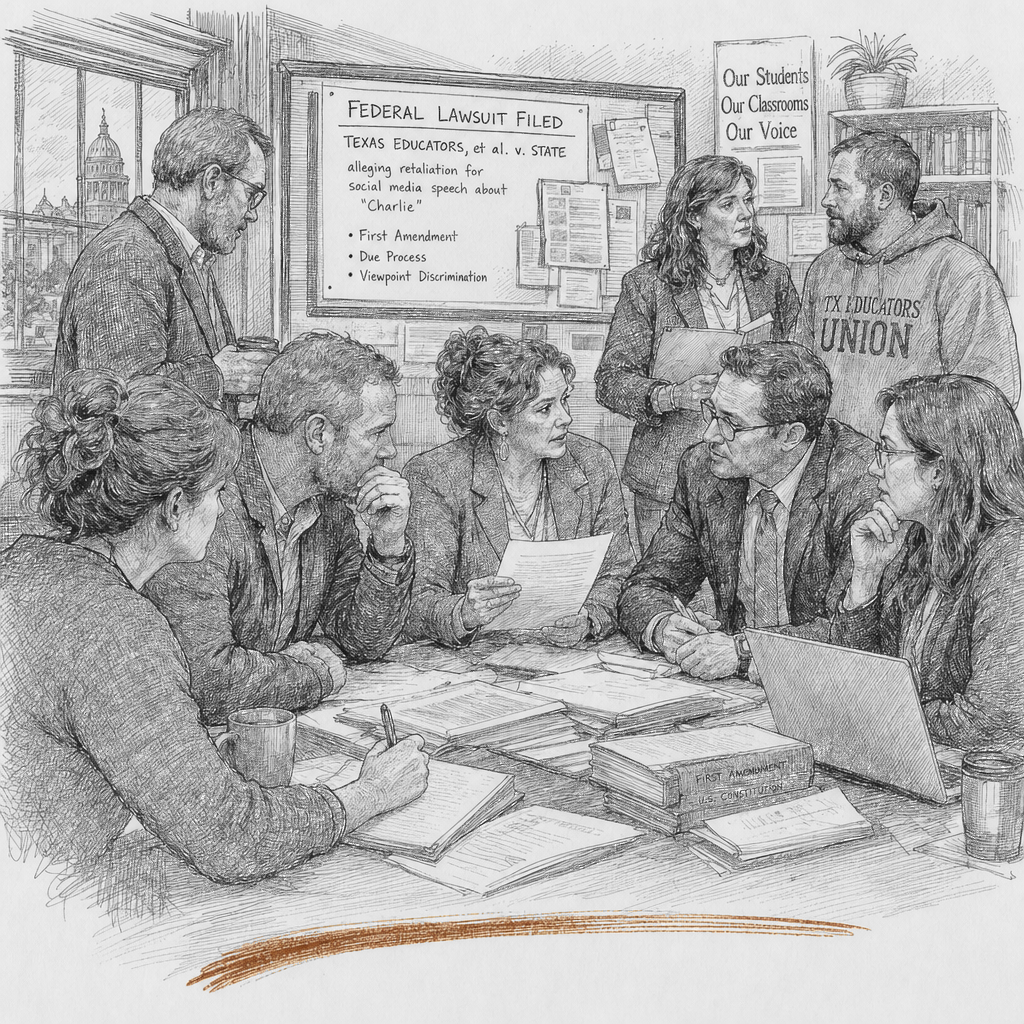 Illustration accompanying article: Texas teachers union sues over alleged crackdown on posts about Charlie
