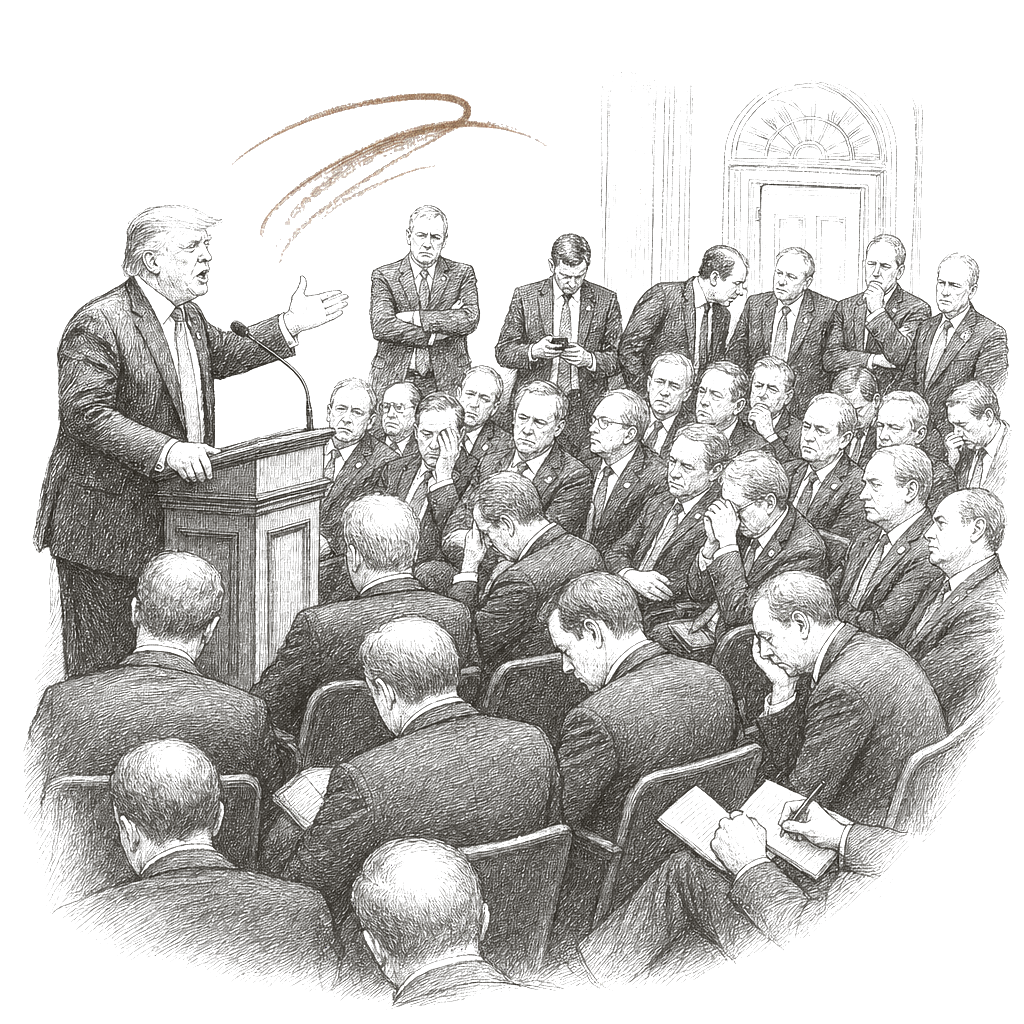 Illustration accompanying article: Trump addresses House GOP with meandering speech as majority shrinks to