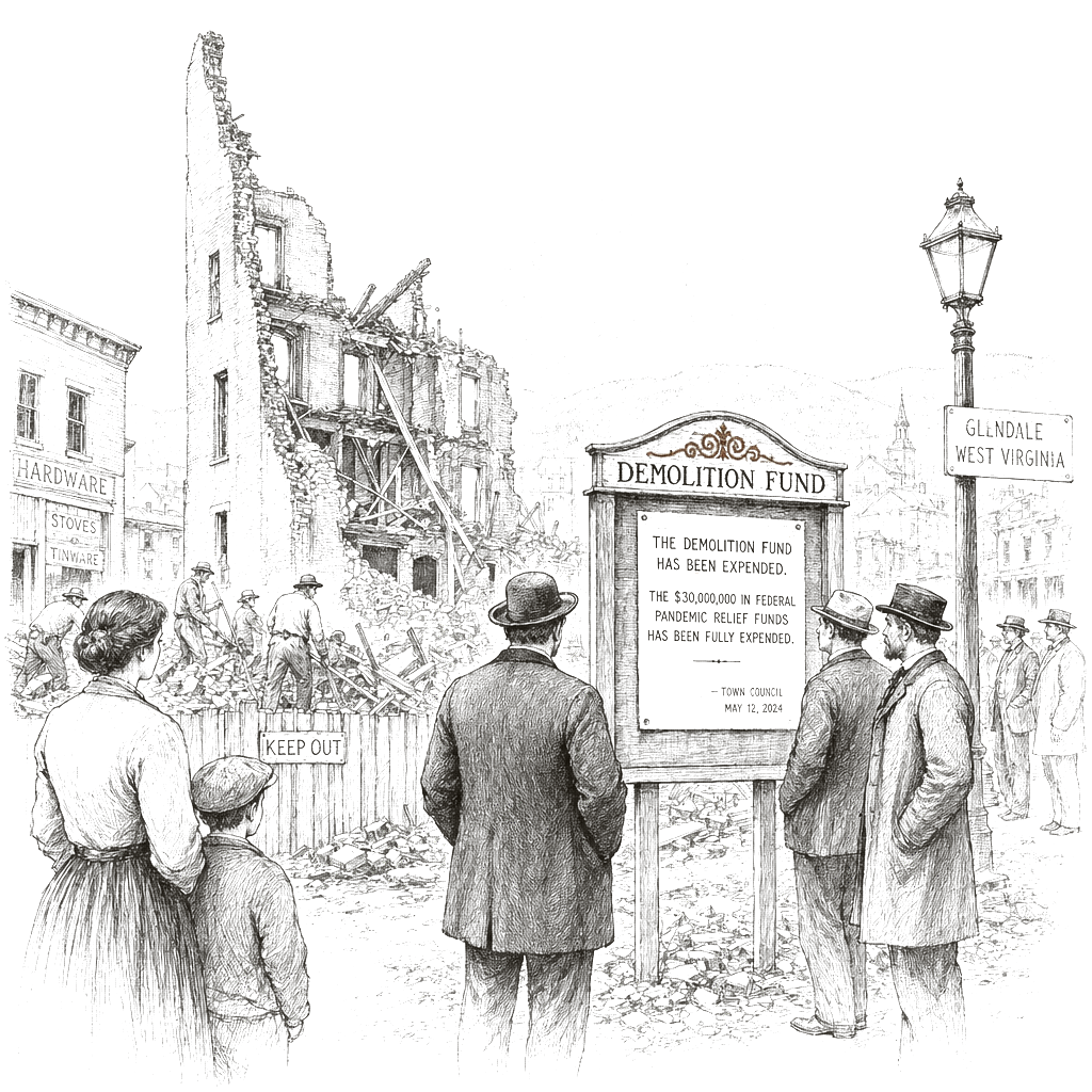 Illustration accompanying article: West Virginia's abandoned-building demolition fund is spent, with no replacement