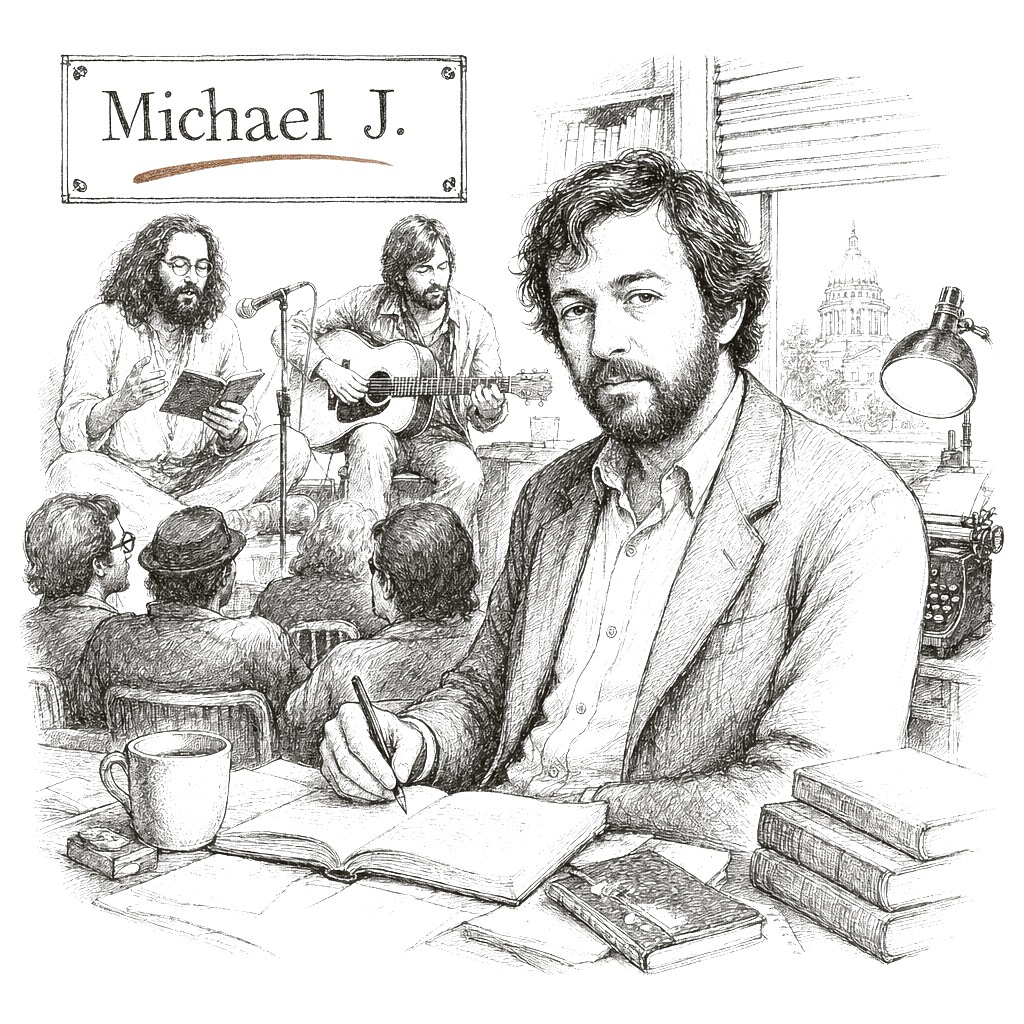 Illustration accompanying article: Wisconsin author Michael Schumacher, who chronicled Ginsberg and Clapton,