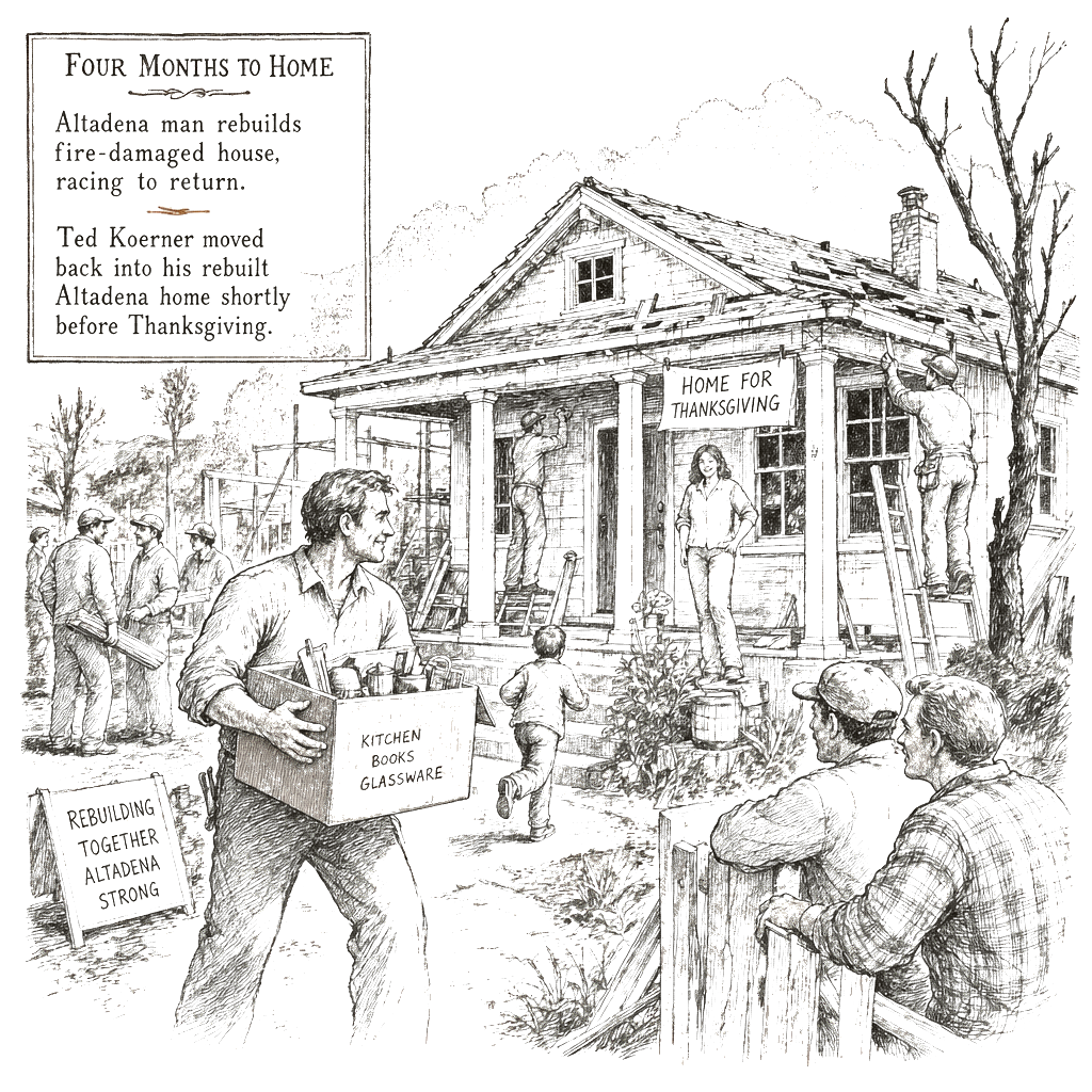 Illustration accompanying article: Altadena man rebuilds fire-damaged home in four months, racing to return