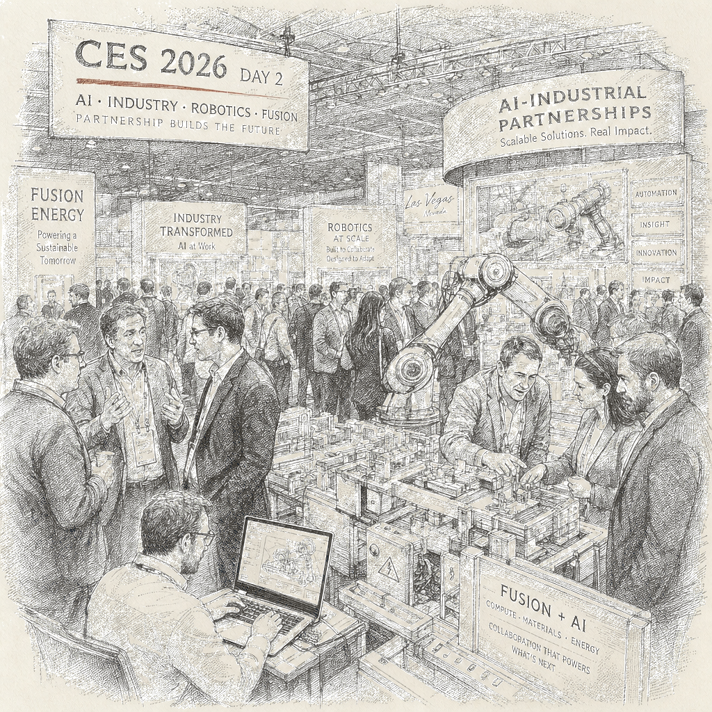 Illustration accompanying article: CES 2026 Day 2 showcases AI-industrial partnerships, robots, and fusion