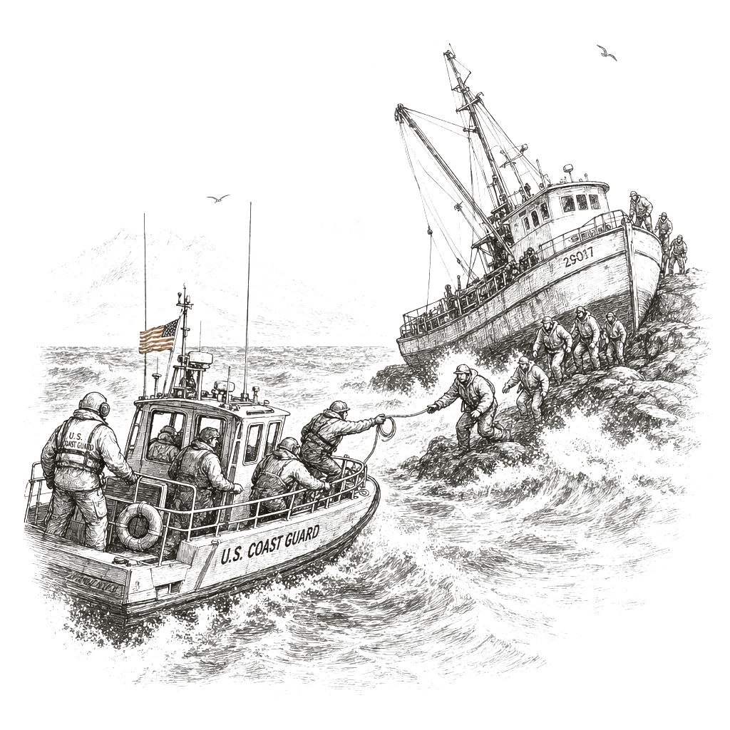Illustration accompanying article: Coast Guard rescues 9 from grounded Alaska crab boat amid near-gale winds