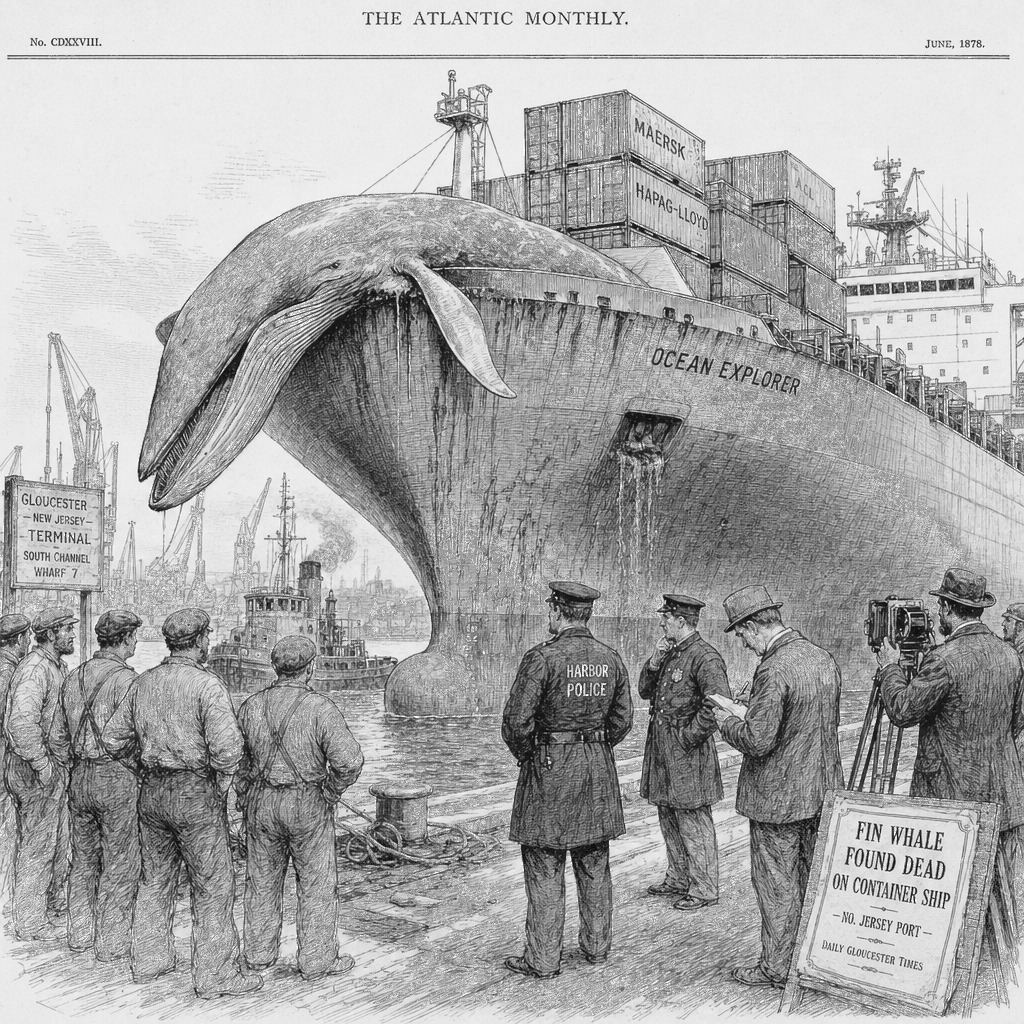 Illustration accompanying article: Dead fin whale found on bow of container ship at New Jersey port
