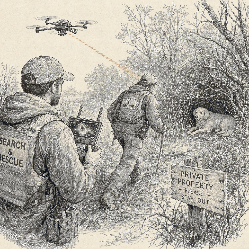 Illustration accompanying article: Drone thermal imaging leads rescuers to shelter dog that fled New Jersey