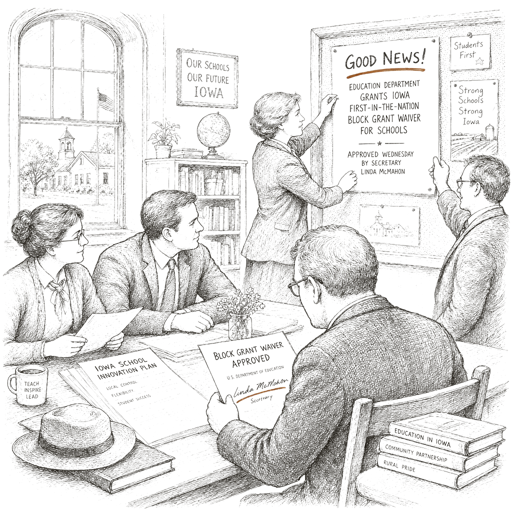 Illustration accompanying article: Education Dept. grants Iowa first-in-nation block grant waiver for school