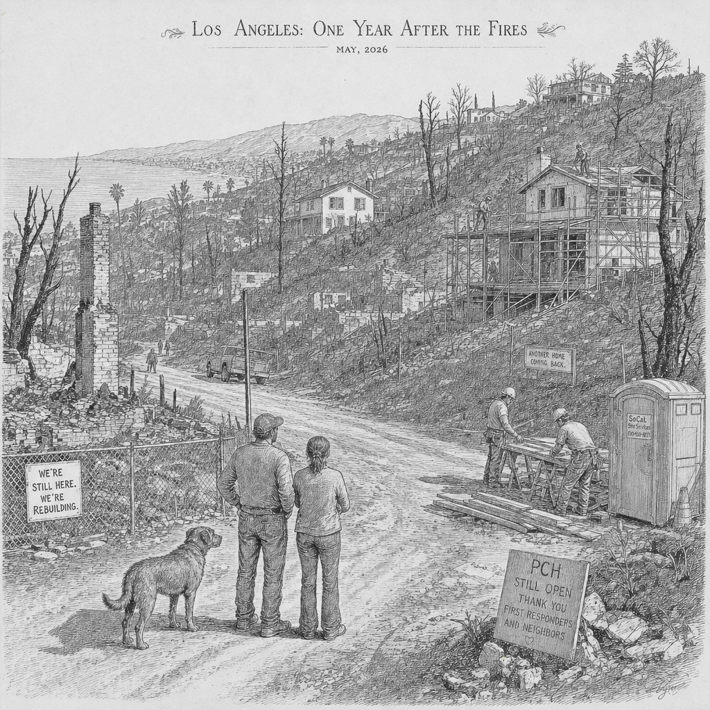 Illustration accompanying article: Fewer than a dozen homes rebuilt one year after LA wildfires destroyed 13,000