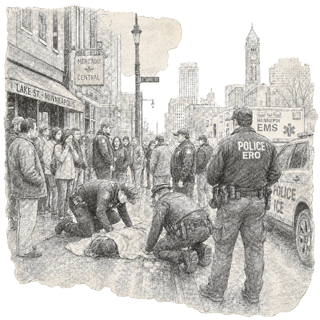 Illustration accompanying article: ICE officer shoots and kills Minneapolis woman during immigration enforcement