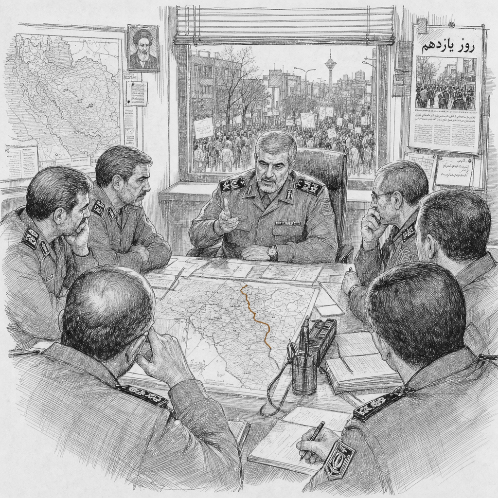 Illustration accompanying article: Iran army chief threatens preemptive attack as protests enter 11th day