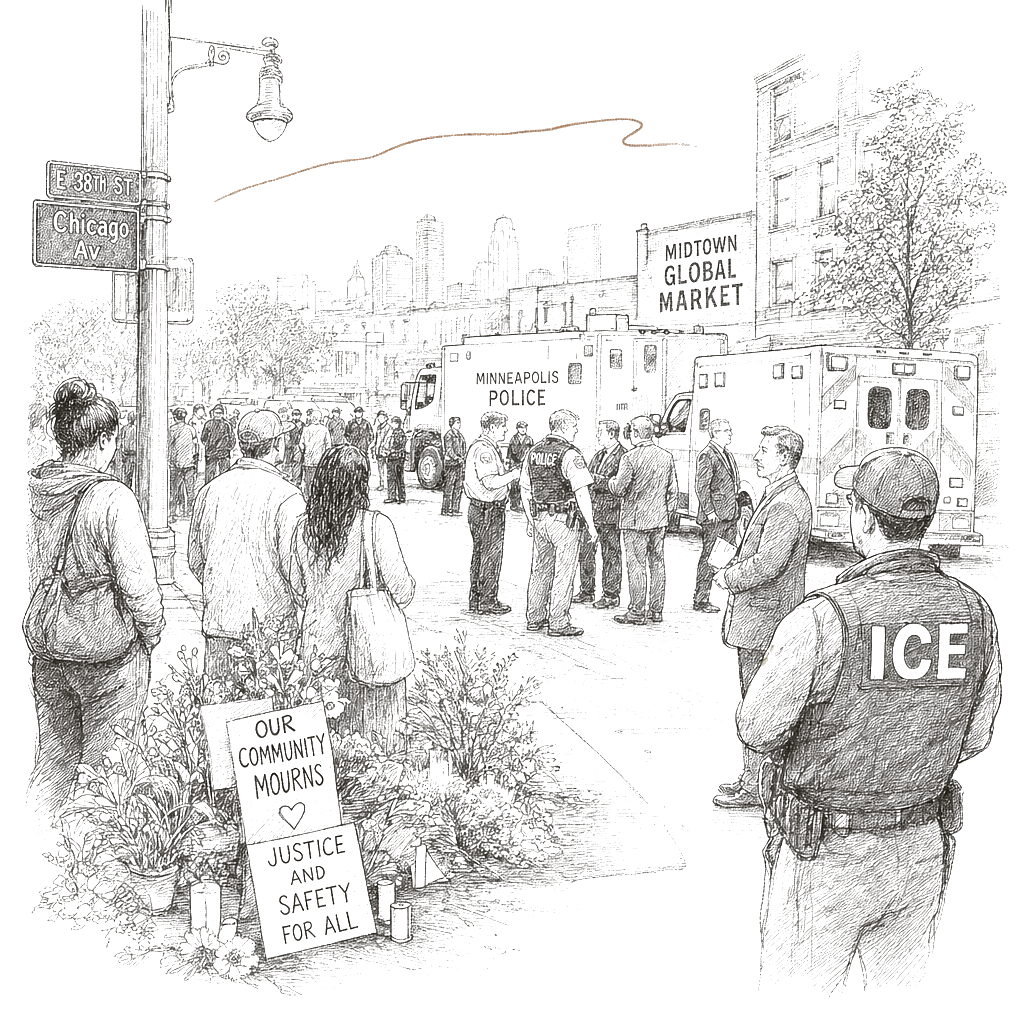 Illustration accompanying article: Minneapolis ICE shooting is at least the fifth death in US immigration crackdown