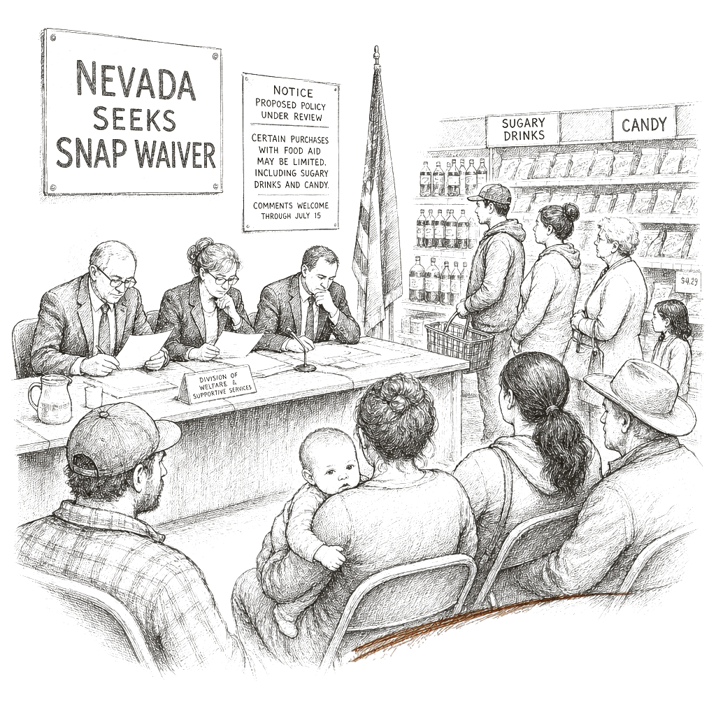 Illustration accompanying article: Nevada seeks SNAP waiver to ban sugary drinks and candy for food aid recipients