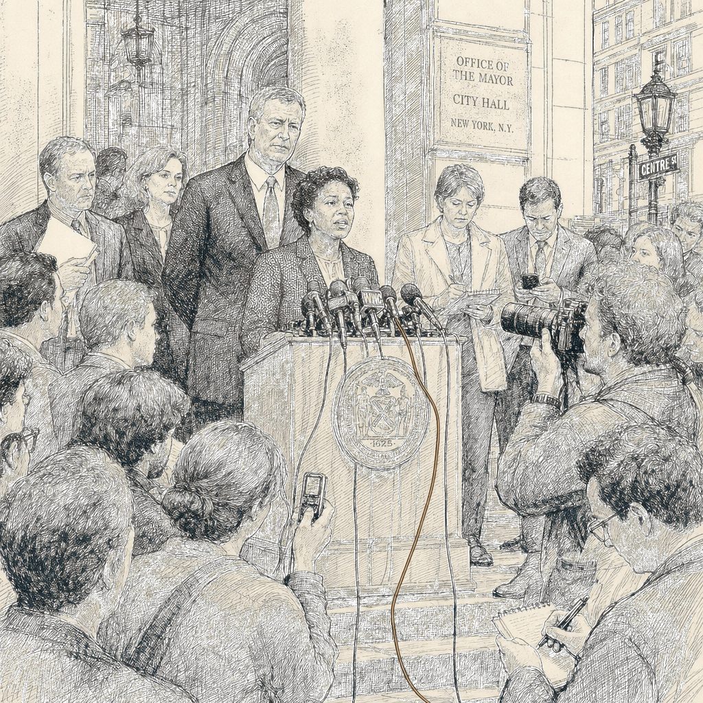 Illustration accompanying article: NYC mayor stands behind tenant official facing backlash over old social