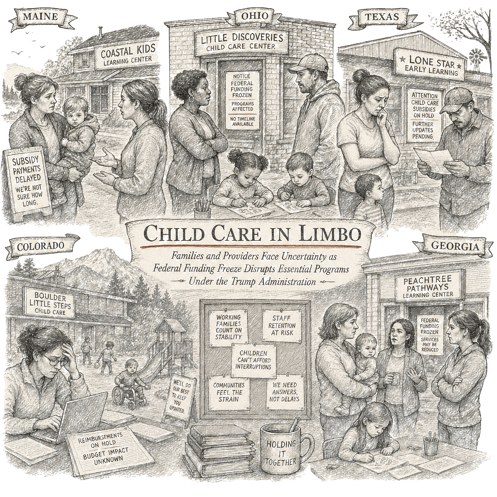 Illustration accompanying article: Trump child care funding freeze rattles providers and families in five states