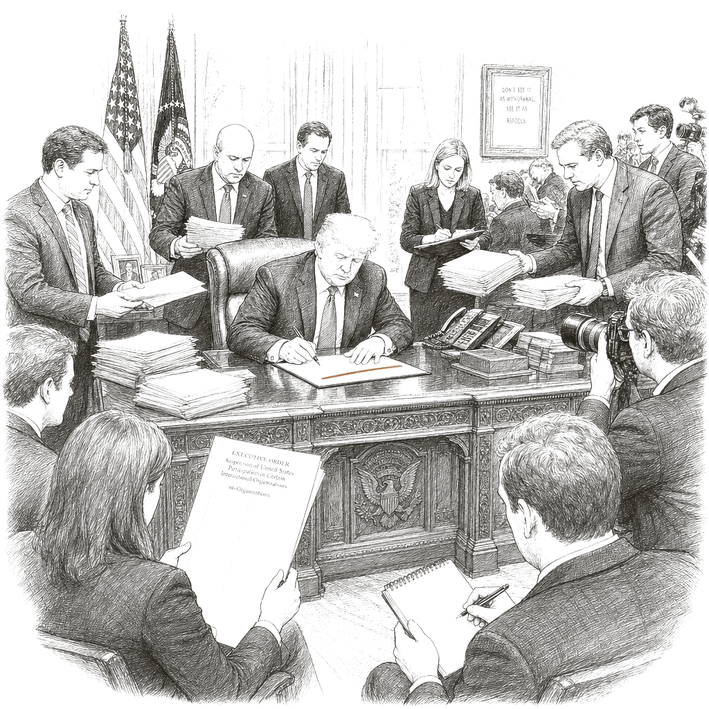 Illustration accompanying article: Trump signs order pulling US from 66 international bodies, including UN
