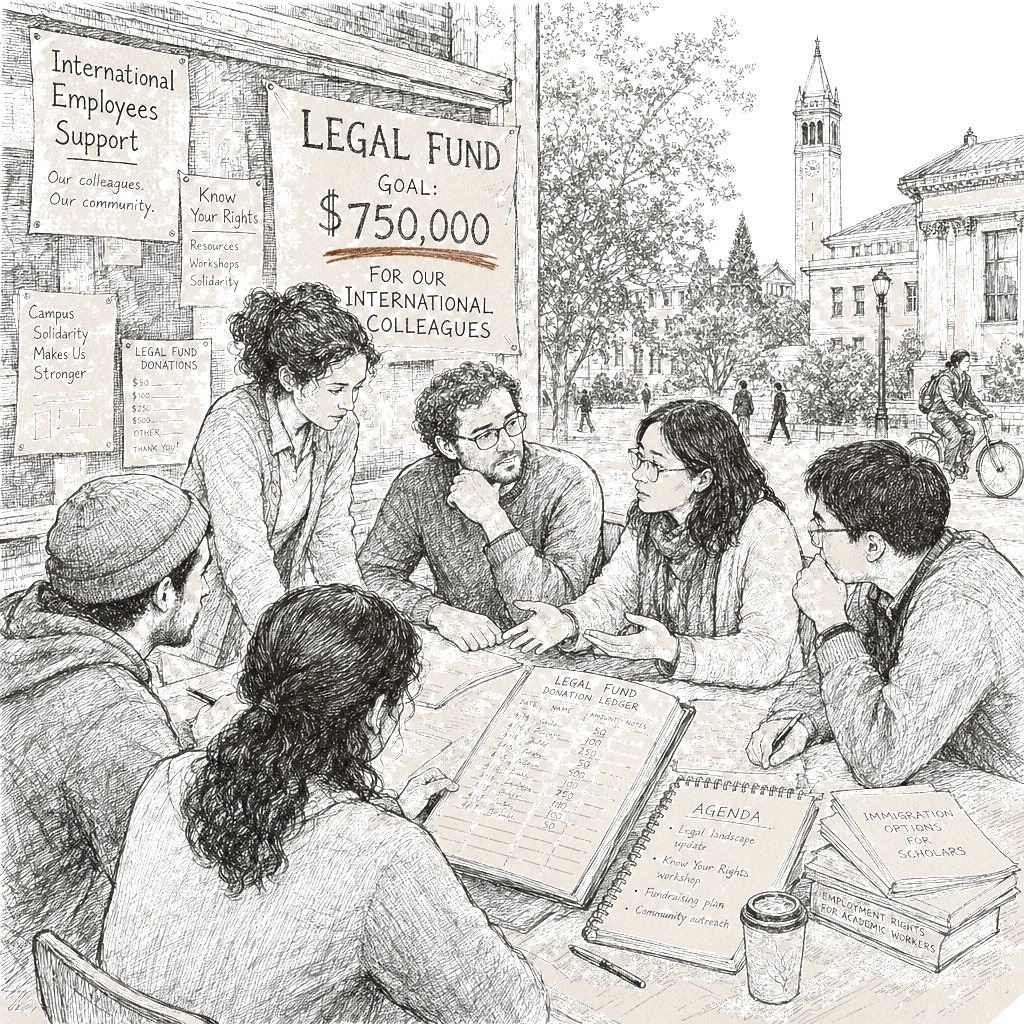 Illustration accompanying article: UC grad workers seek $750,000 legal fund for international employees amid