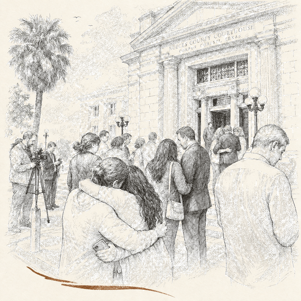 Illustration accompanying article: Uvalde families sob through 911 calls as officer's trial opens on police