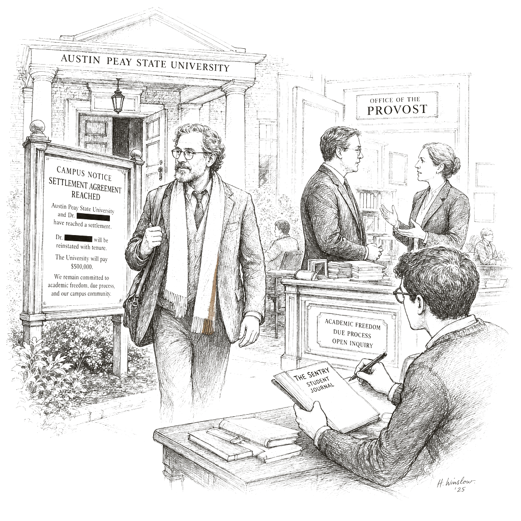 Illustration accompanying article: Austin Peay reinstates professor, pays $500K after firing over Charlie Kirk