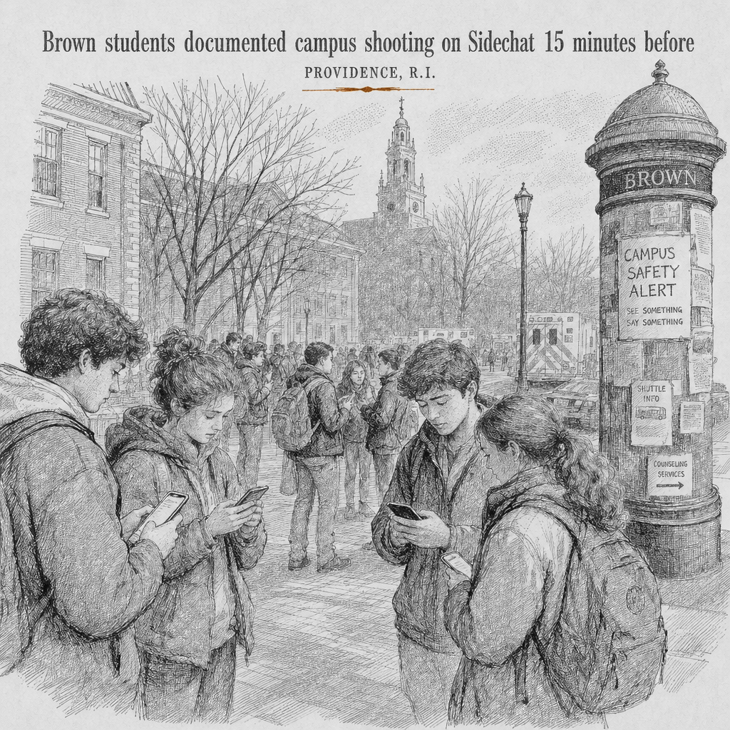 Illustration accompanying article: Brown students documented campus shooting on Sidechat 15 minutes before