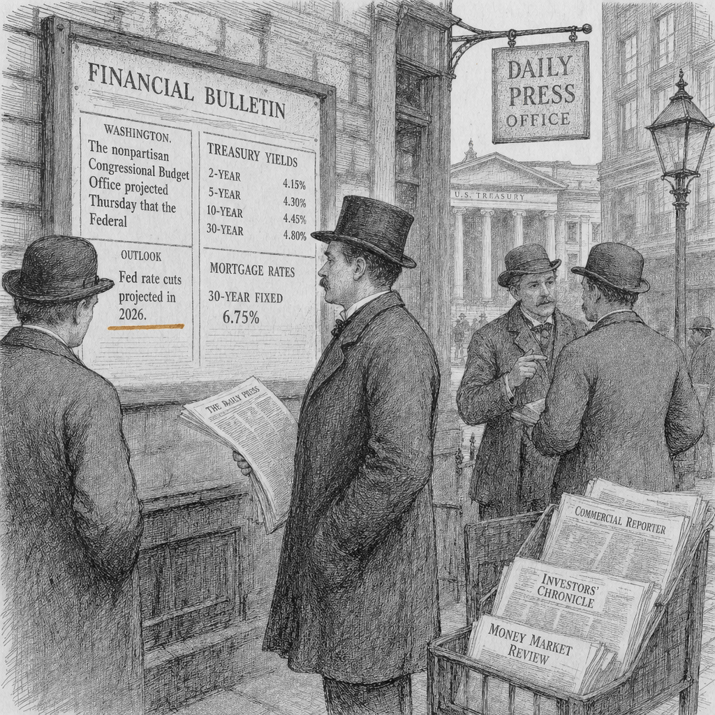Illustration accompanying article: CBO projects Fed rate cuts in 2026 as Treasury yields, mortgage costs set