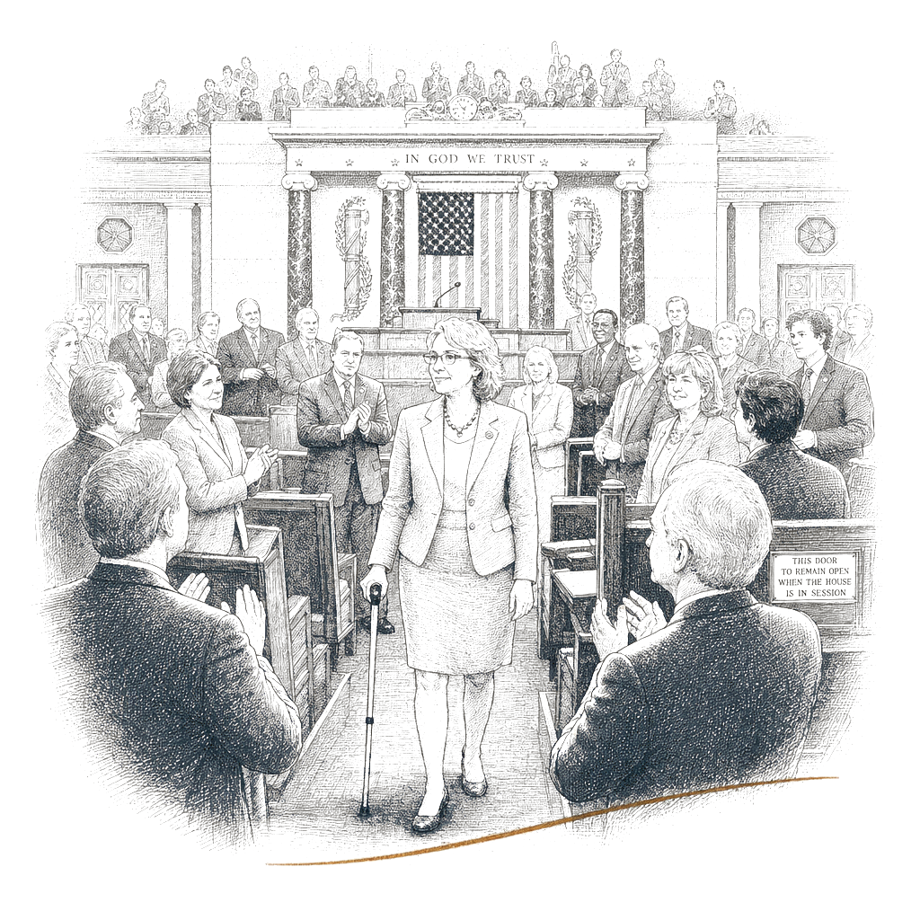 Illustration accompanying article: Giffords returns to House floor 15 years after Tucson assassination attempt