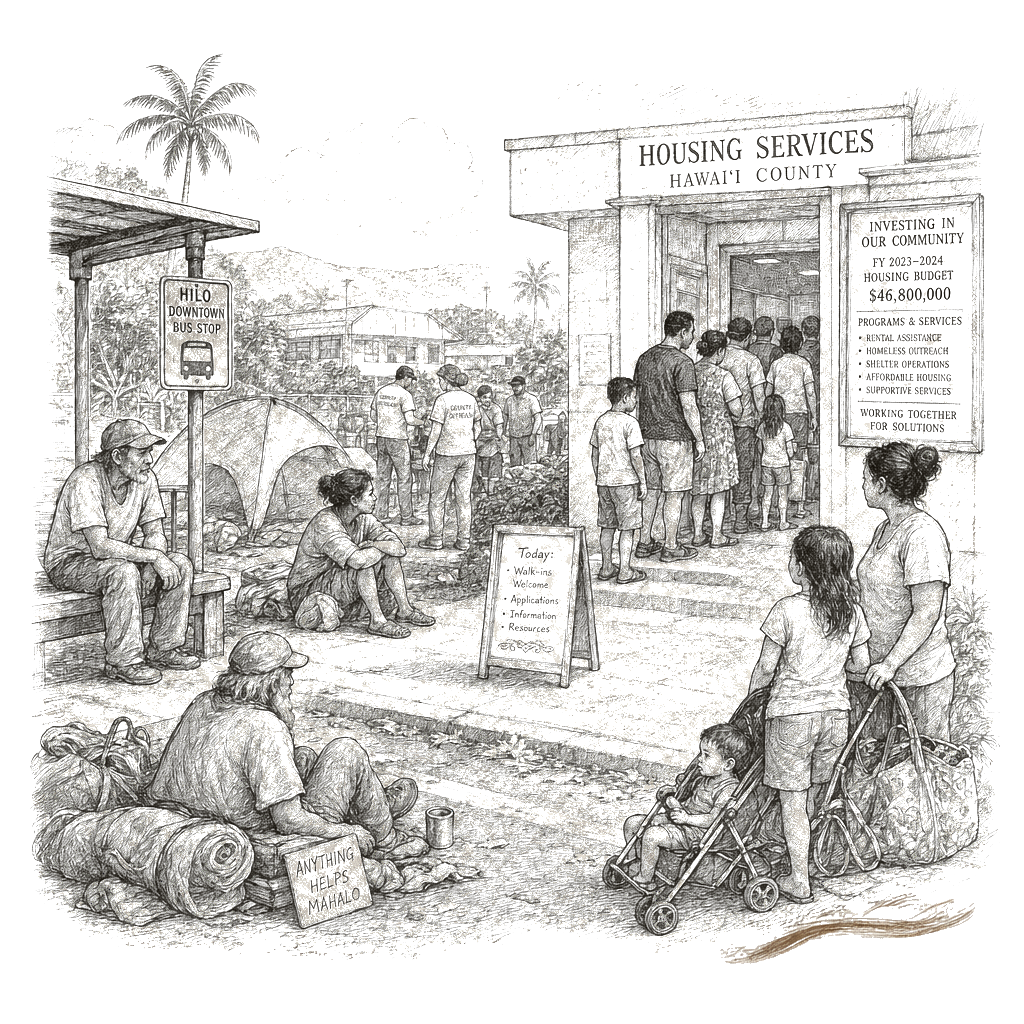 Illustration accompanying article: Hawaii County homeless population grows despite $33 million investment