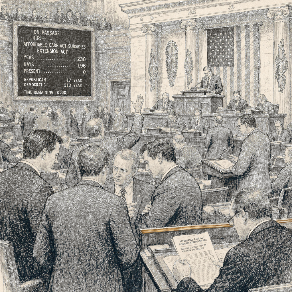 Illustration accompanying article: House passes ACA subsidy extension 230-196 as 17 Republicans defy GOP leadership