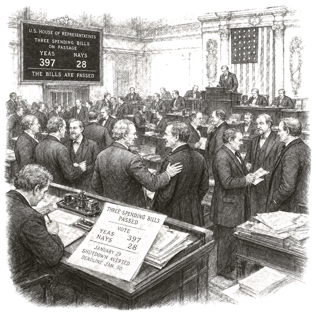 Illustration accompanying article: House passes three spending bills 397-28, averting Jan. 30 shutdown deadline