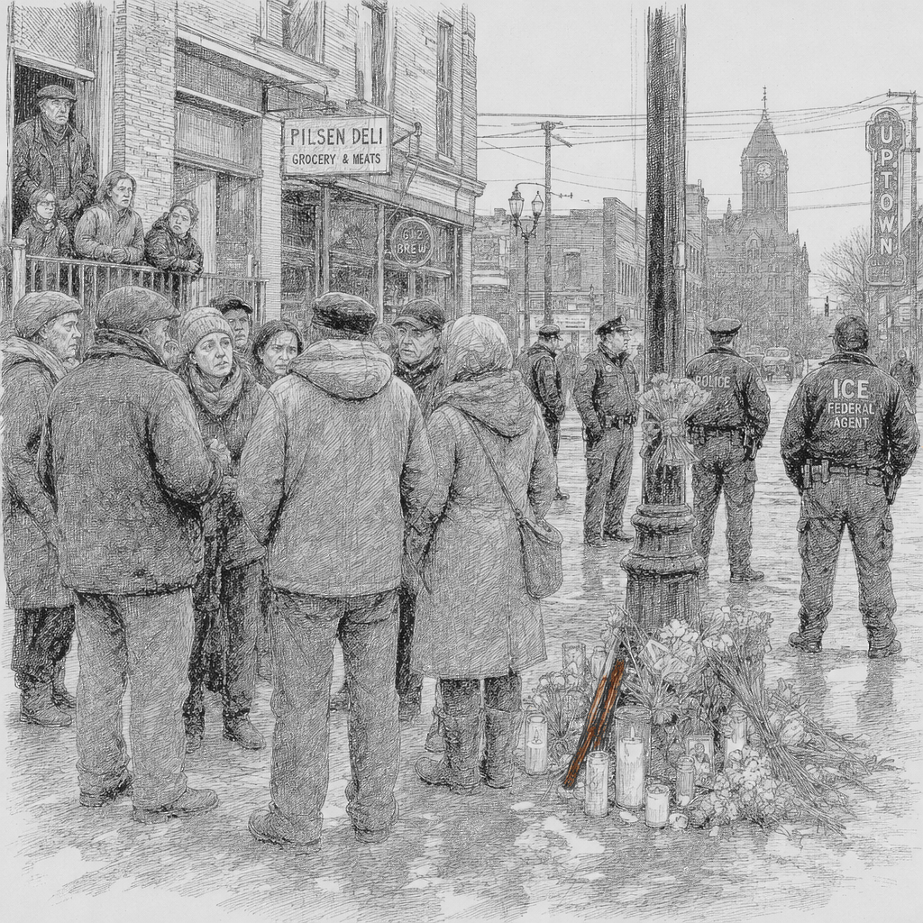 Illustration accompanying article: ICE killing of Minneapolis woman deepens Minnesota's conflict with Trump