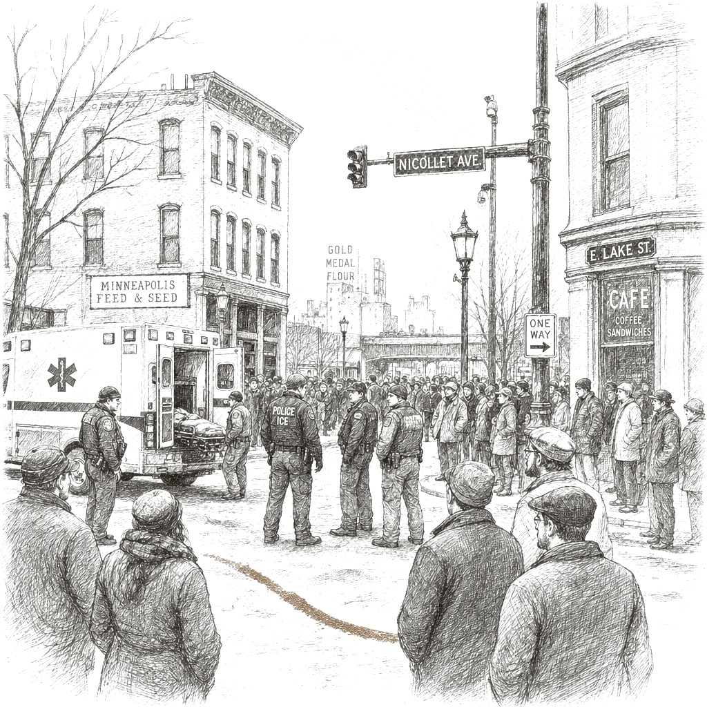 Illustration accompanying article: Minneapolis ICE shooting renews debate over lethal force rules for moving