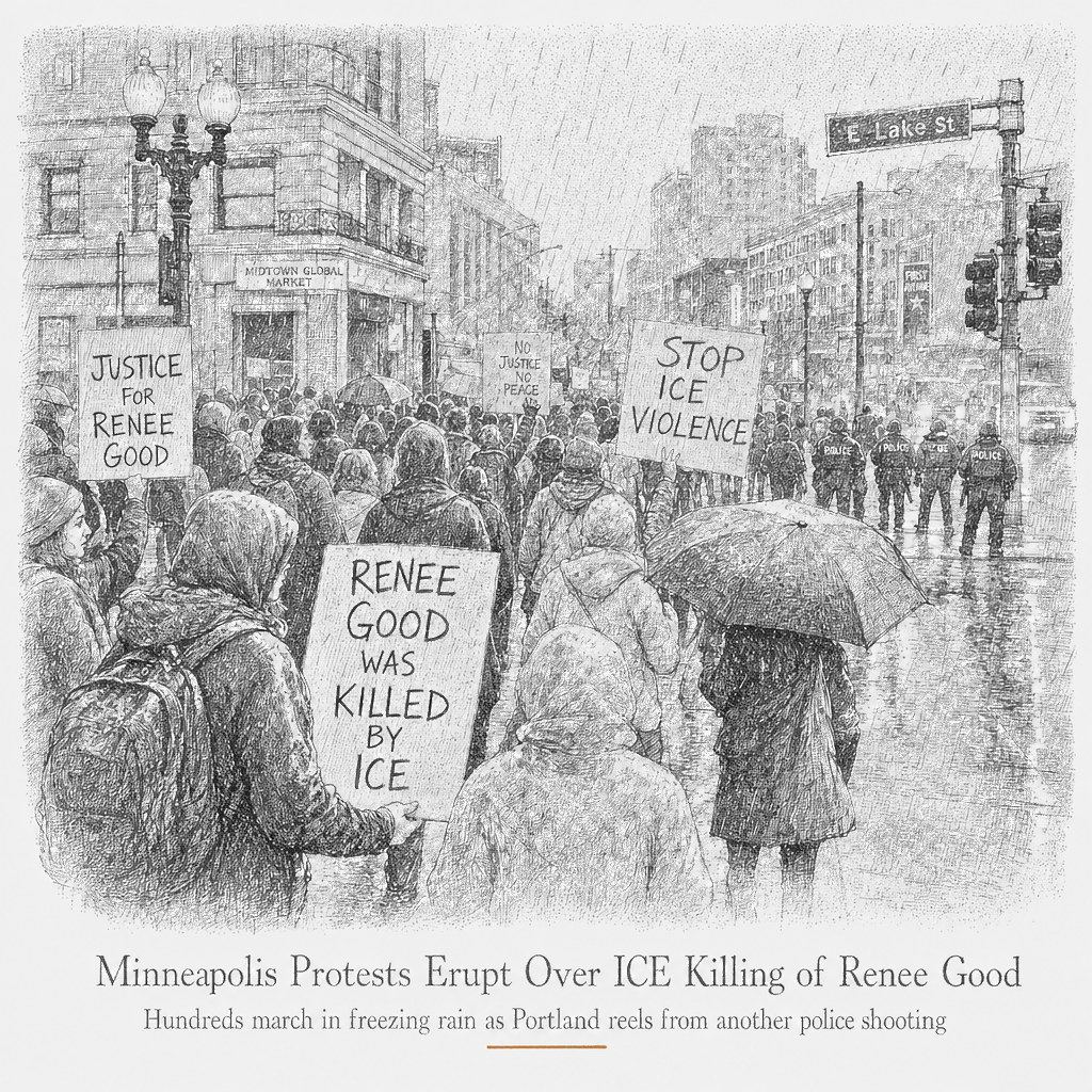 Illustration accompanying article: Minneapolis protests erupt over ICE killing of Renee Good as Portland shooting