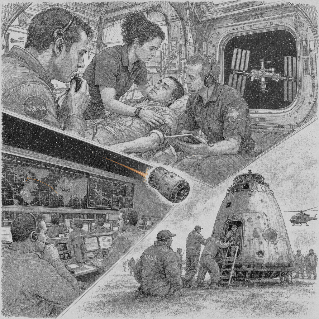Illustration accompanying article: NASA cuts space station mission short in first-ever medical evacuation