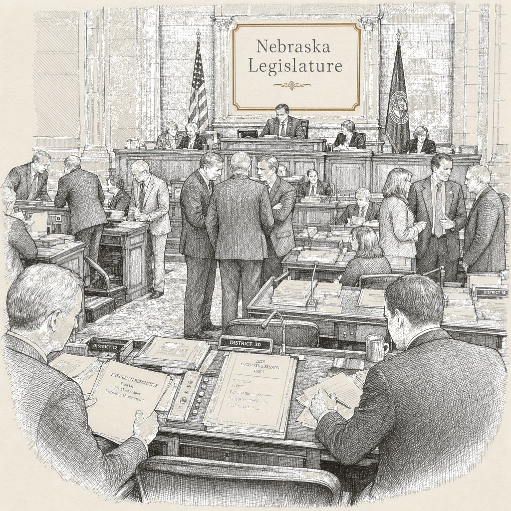 Illustration accompanying article: Nebraska senator faces historic expulsion vote over harassment allegations