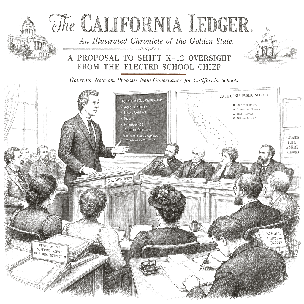 Illustration accompanying article: Newsom proposes shifting California K-12 oversight from elected school chief