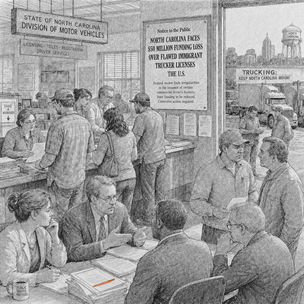 Illustration accompanying article: North Carolina faces $50M funding loss over flawed immigrant trucker licenses