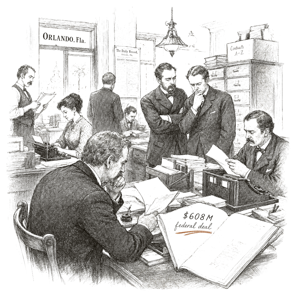 Illustration accompanying article: Officials withheld evidence of $608M federal deal for Alligator Alcatraz,