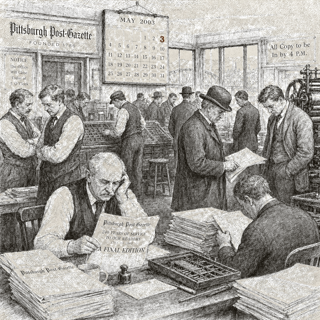 Illustration accompanying article: Pittsburgh Post-Gazette to shut down May 3, ending 240-year history