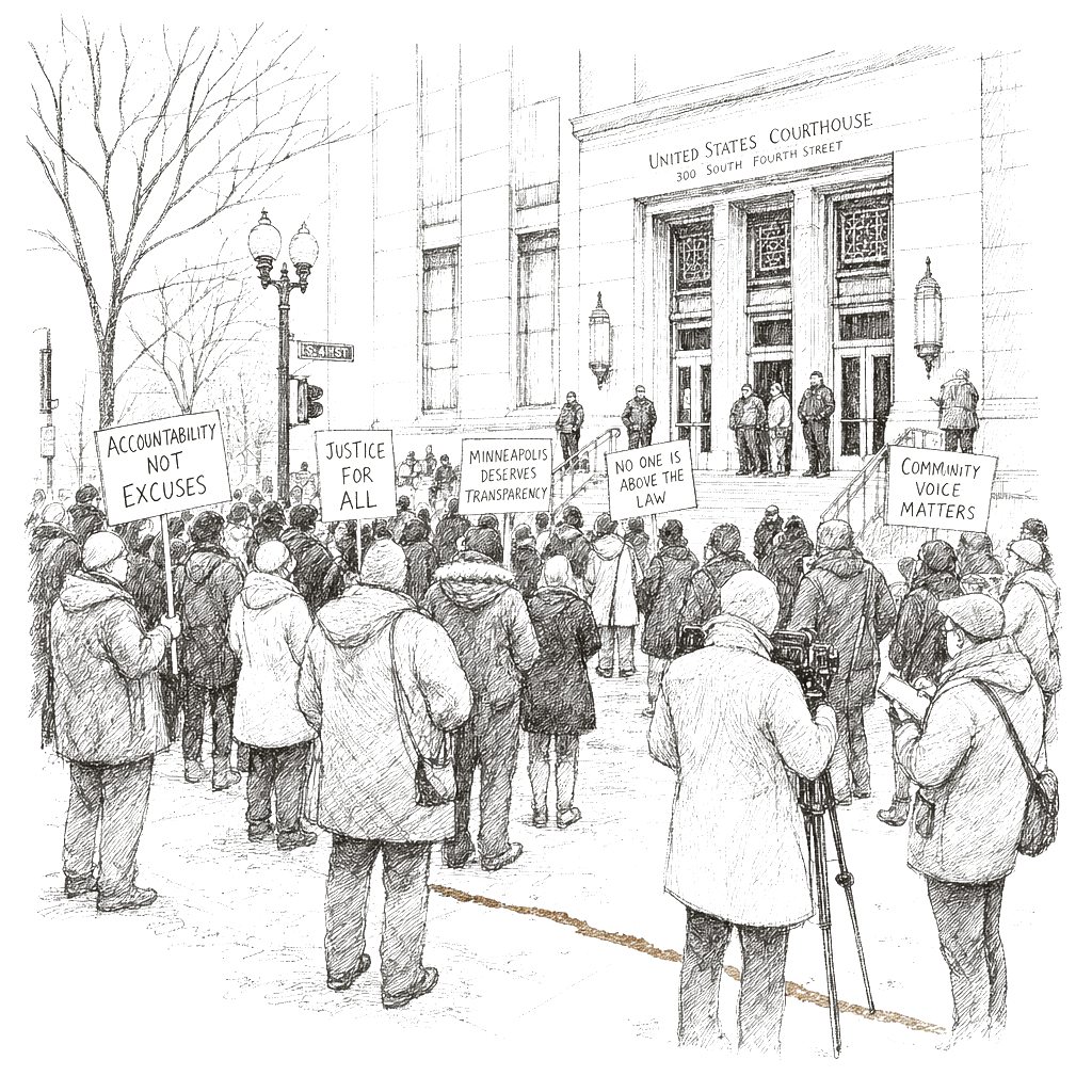 Illustration accompanying article: Protests erupt in Minneapolis as officials dispute jurisdiction in fatal