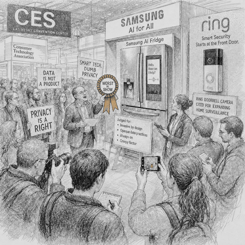 Illustration accompanying article: Samsung AI fridge, Amazon Ring doorbell win CES 'Worst in Show' anti-awards