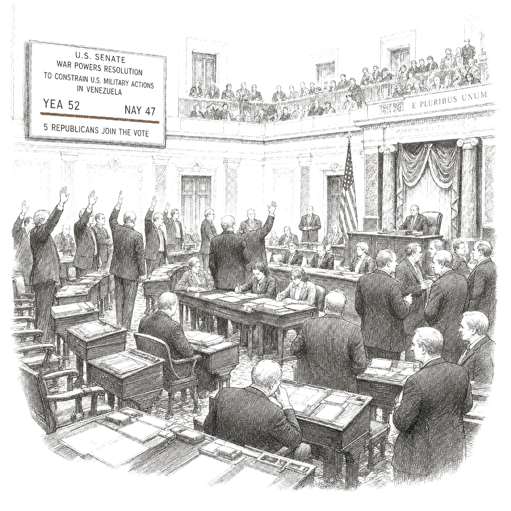 Illustration accompanying article: Senate advances war powers resolution 52-47 to constrain Trump on Venezuela