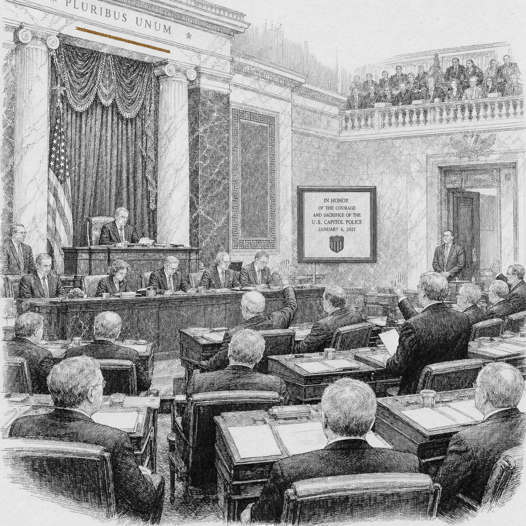Illustration accompanying article: Senate votes to display Jan. 6 police plaque, rebuffing House Speaker Johnson