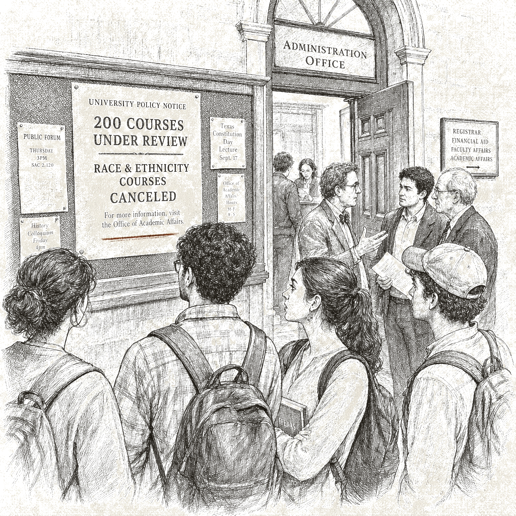 Illustration accompanying article: Texas A&M policy puts 200 courses under review, cancels race and ethnicity