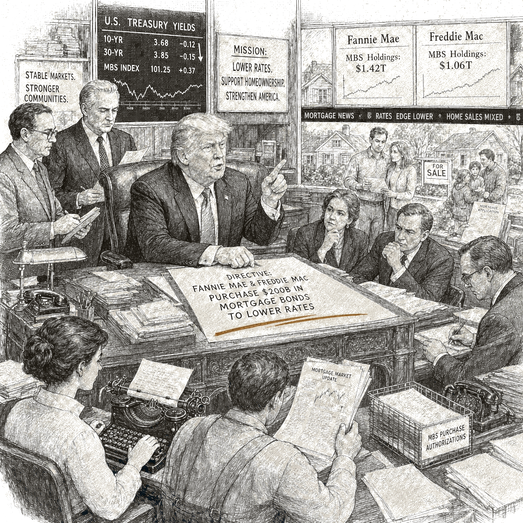 Illustration accompanying article: Trump directs Fannie, Freddie to buy $200B in mortgage bonds to lower rates