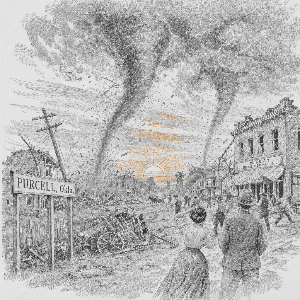 Illustration accompanying article: Two tornadoes strike Oklahoma at sunrise, damaging buildings and knocking