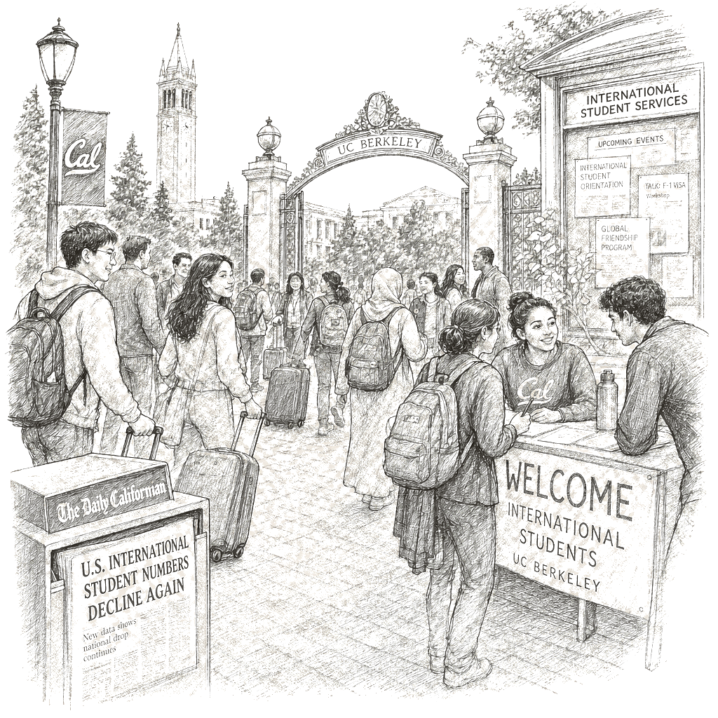 Illustration accompanying article: UC Berkeley international enrollment rises 29% as national numbers fall