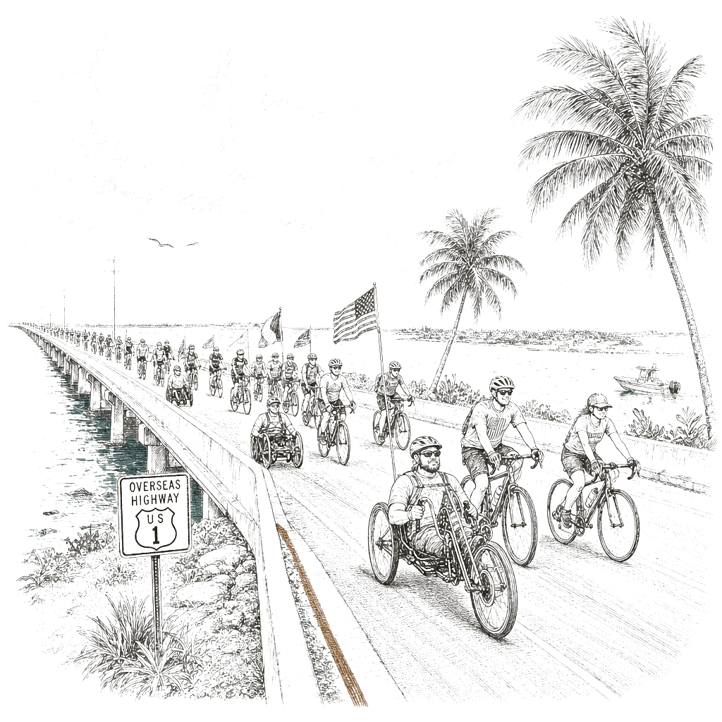 Illustration accompanying article: 45 wounded veterans cycle Florida Keys in annual Soldier Ride