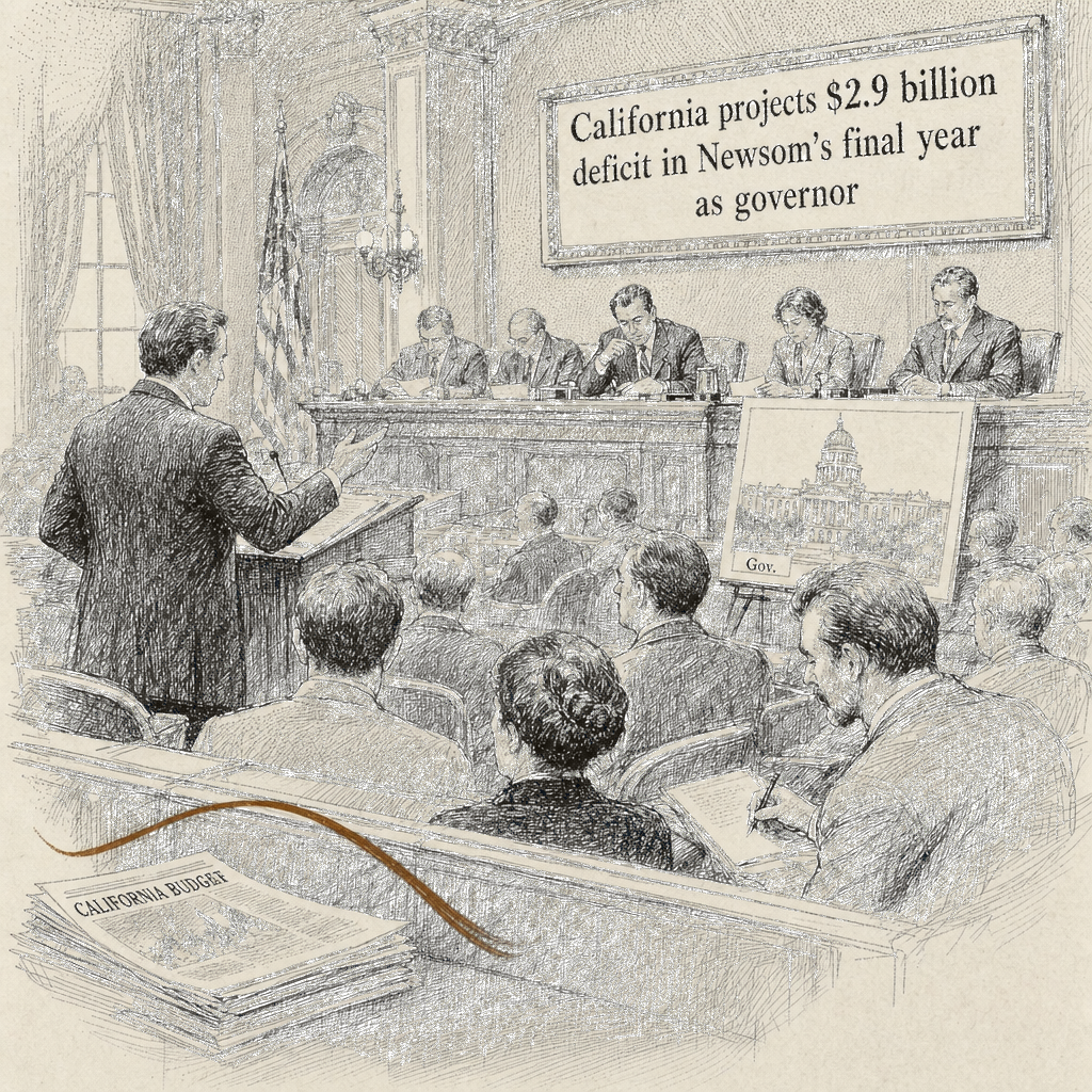 Illustration accompanying article: California projects $2.9 billion deficit in Newsom's final year as governor