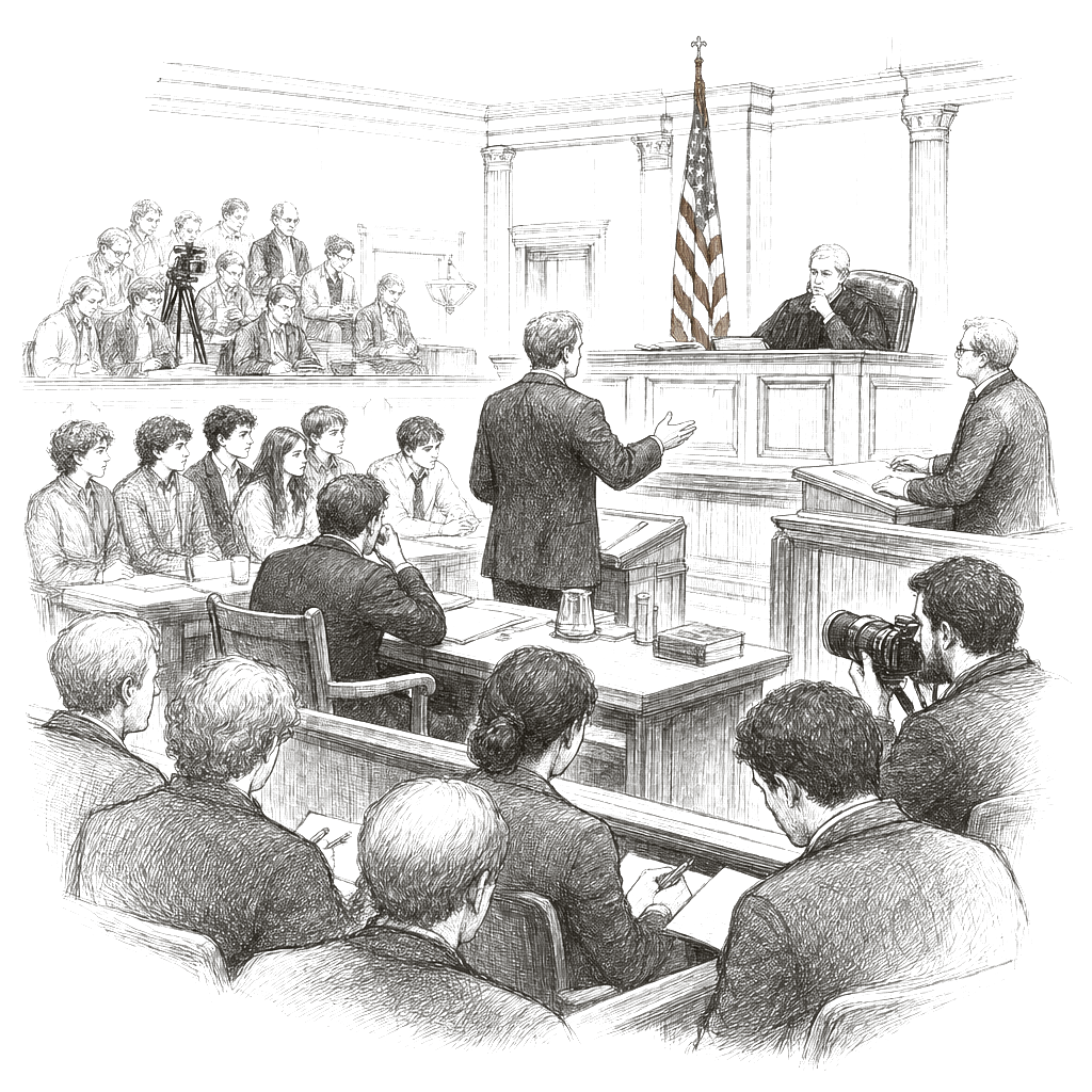 Illustration accompanying article: Five Stanford students go to trial over 2024 pro-Palestinian office occupation