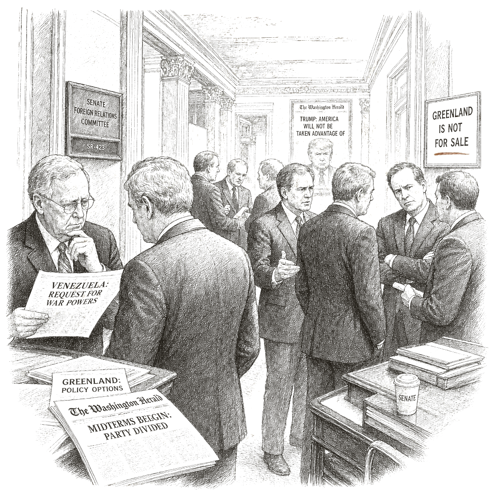 Illustration accompanying article: GOP fractures emerge in midterm year's first week over Venezuela, Greenland,