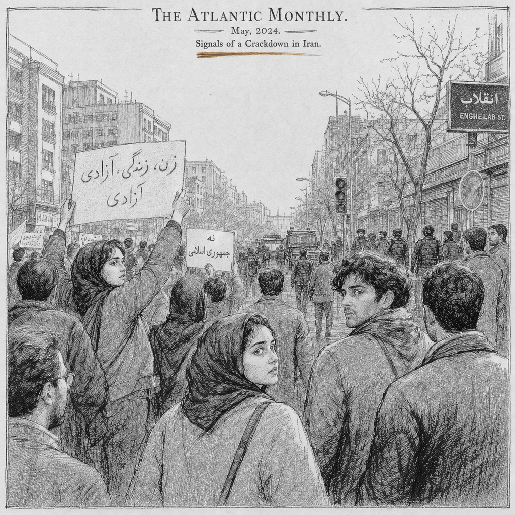Illustration accompanying article: Iran protests continue as Khamenei signals crackdown; at least 65 killed