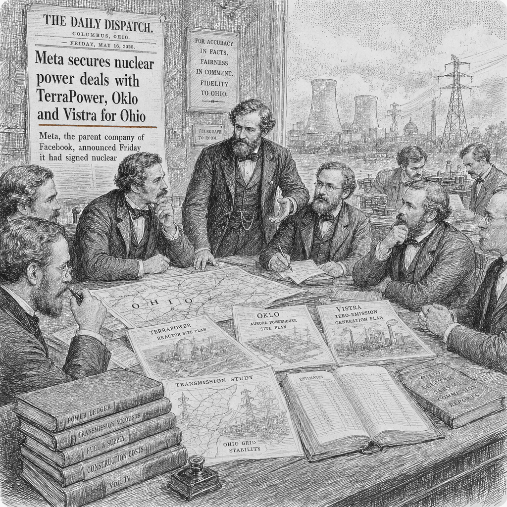 Illustration accompanying article: Meta secures nuclear power deals with TerraPower, Oklo and Vistra for Ohio